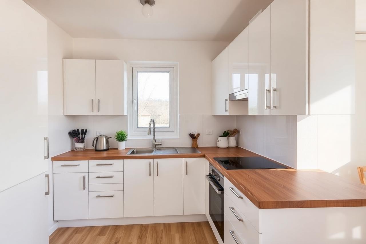 Moderne Einbauküche mit Holzarbeitsplatte
