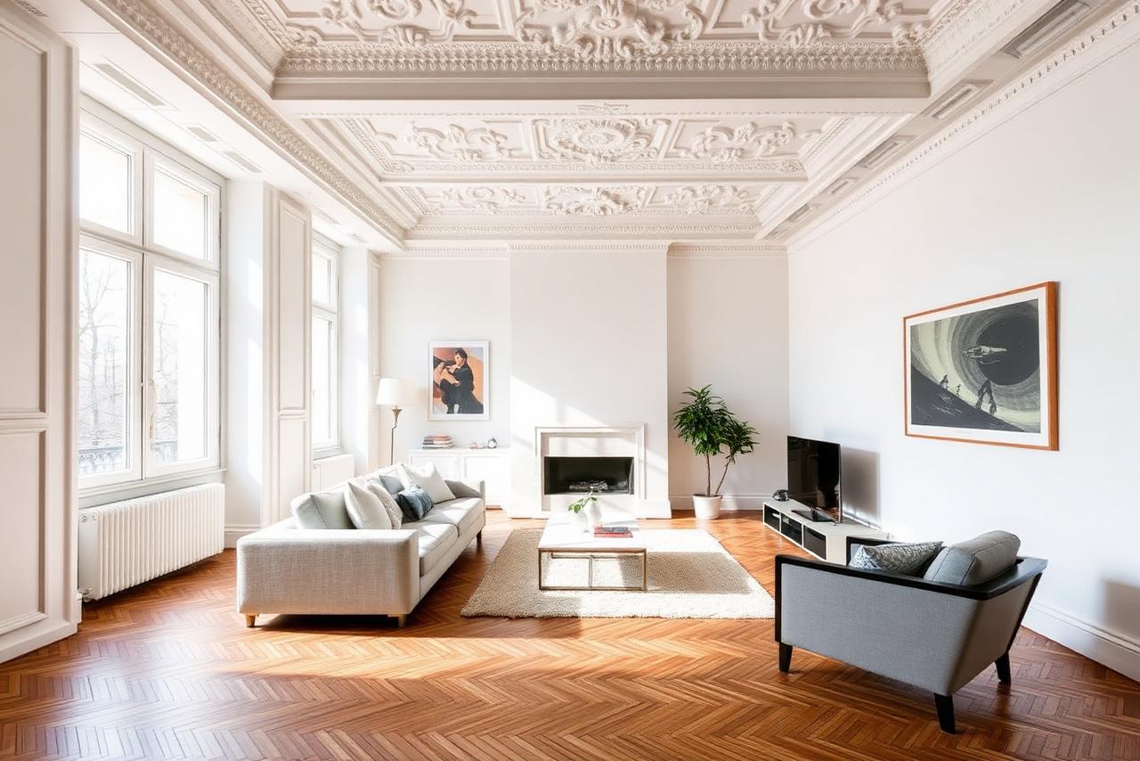 Helles Altbau-Wohnzimmer mit Stuck und Fischgrätparkett