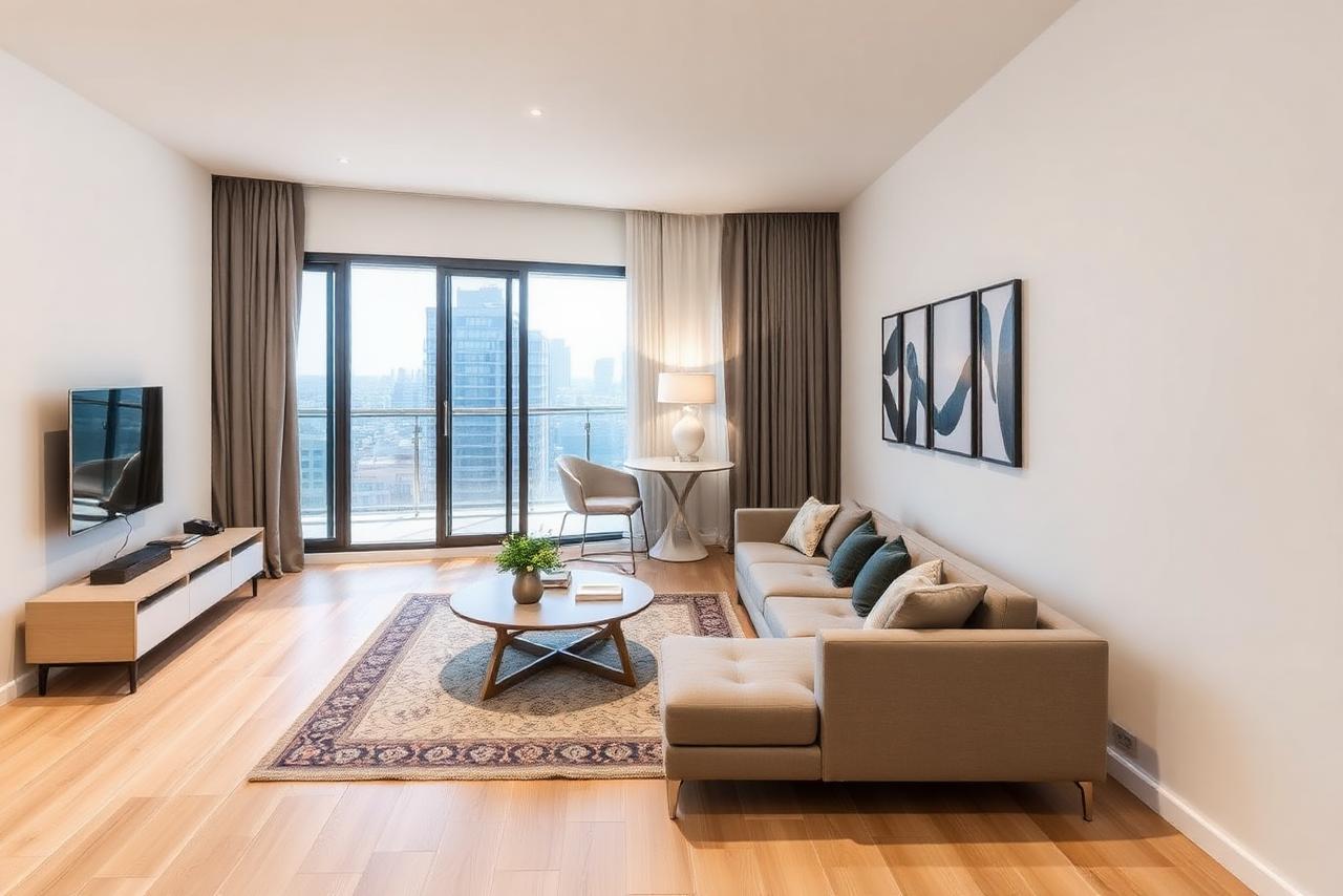 Wohnzimmer im Neubau mit Zugang zum Balkon